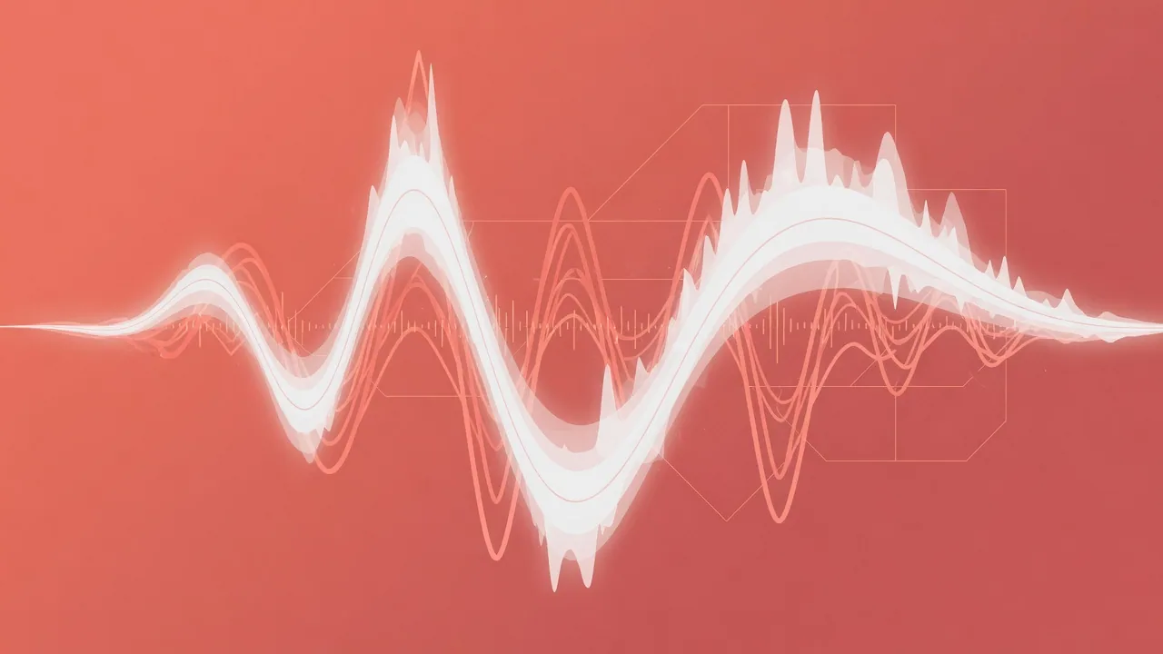 Ilustrasi abstrak sound waveform melengkung dengan amplitudo naik-turun di latar coral, representasi vocal warming pre-event