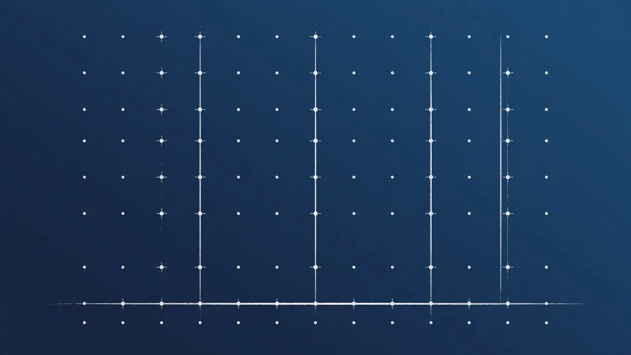 Ilustrasi abstrak garis vertikal alignment grid dengan titik-titik pada latar navy, representasi postur grounded arsitektural