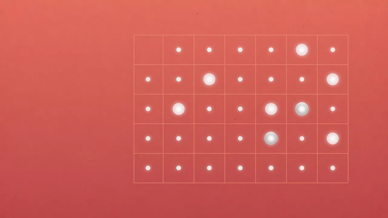 Ilustrasi abstrak cluster titik-titik putih tersusun grid kalender di latar coral, representasi konsistensi latihan mikro harian